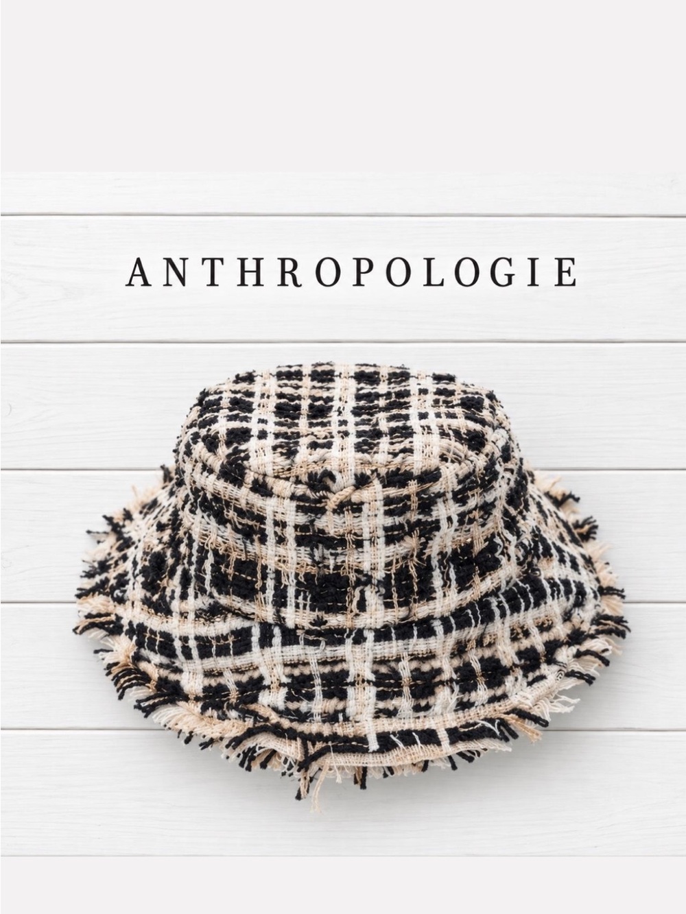 Anthropologie Black & Cream Tweed Bucket Hat